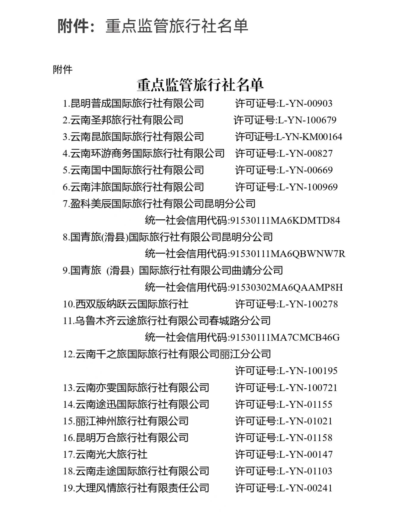 约谈整改从严查处 云南将19家旅行社纳入黑榜